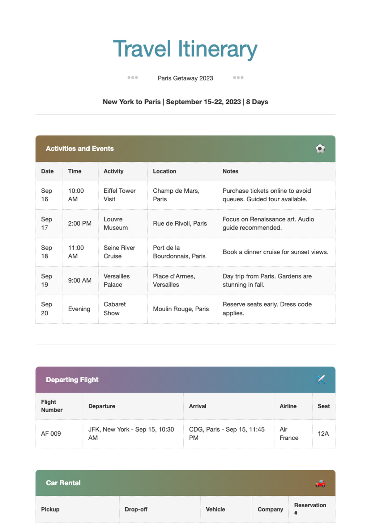 Digital travel itinerary template with flight car rental hotel and activities sections_variant_3